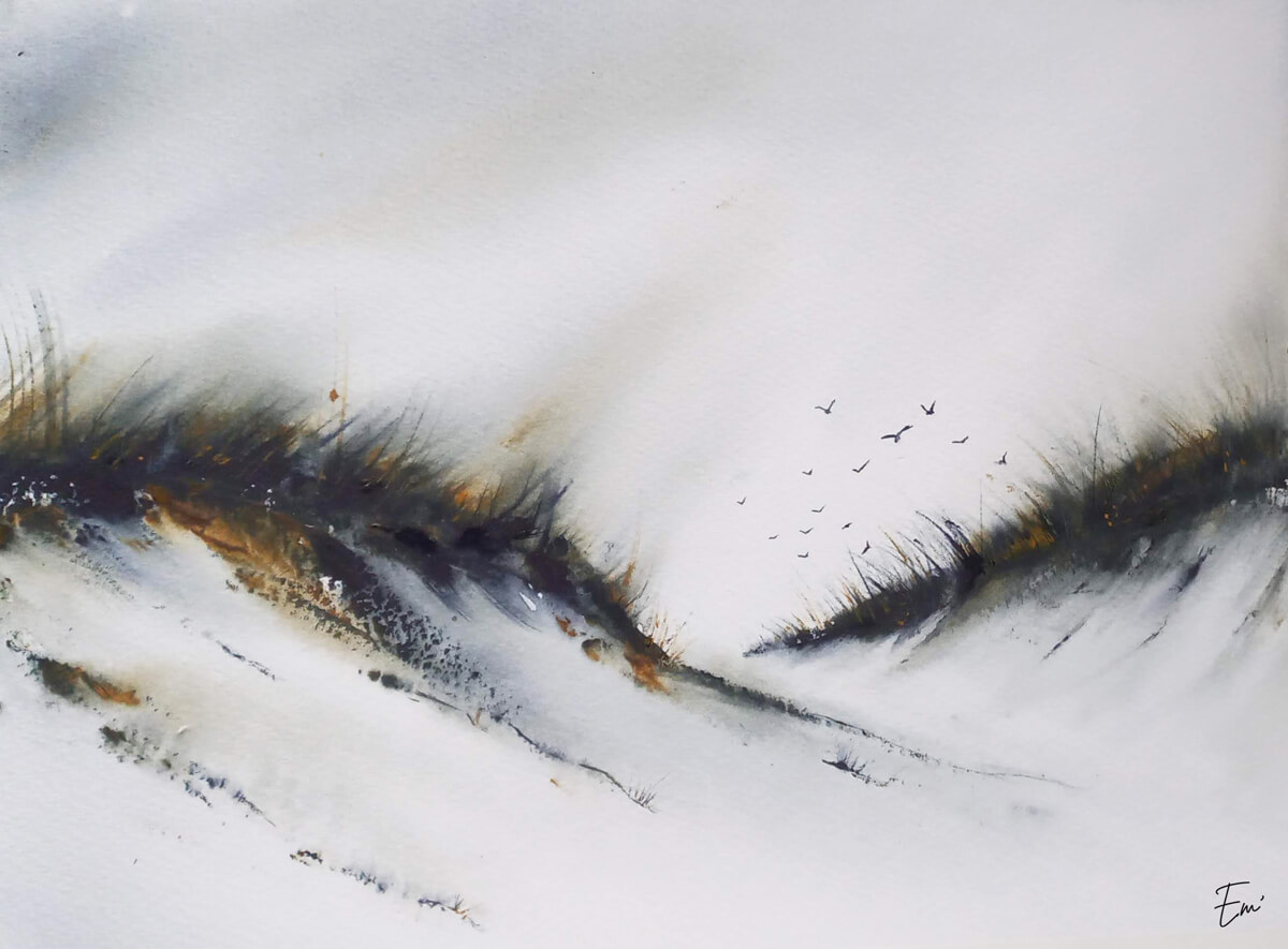 Aquarelle dunes oiseaux paysage Emma Saint Girons