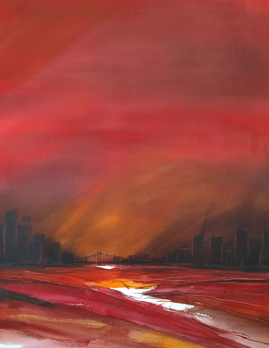 paysage urbain rouge peint à l'aquarelle mouillé sur mouillé par Emma saint Girons