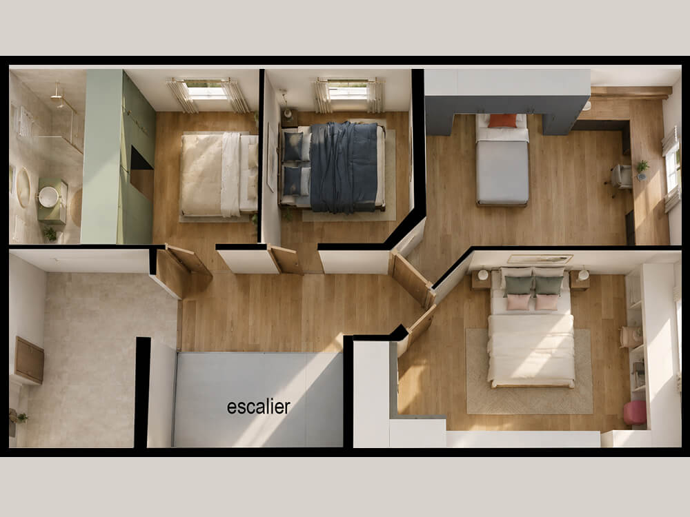 plan photoréaliste d'un étage de maison réaménagé par Emma Saint Girons architecture intérieure
